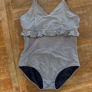 Janela Bay Blue and White Checkered Ruffle One-Piece Swimsuit Size L